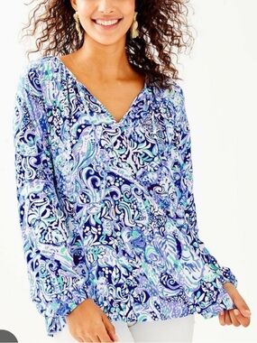 Lilly Pulitzer Willa Coastal Print Long Sleeve Blouse Top XL Bay Blue